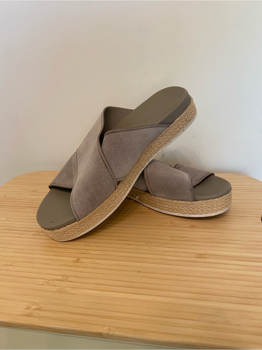 Vince Taupe Suede Espadrille Platform Slide Sandals